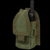The Condor HHR Pouch in Olive Drab securely holds a black handheld radio, featuring a flap cover and MOLLE attachment straps.
